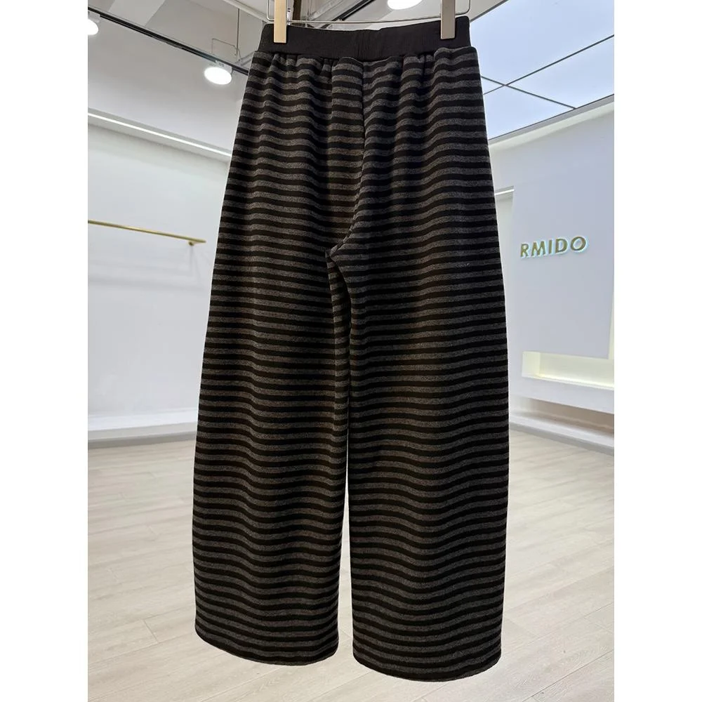 Thiened Fce-pantalones de plátano hasta el suelo para mujer, pantalón informal, diseño de rayas con cuchillo, cintura alta, algodón elástico