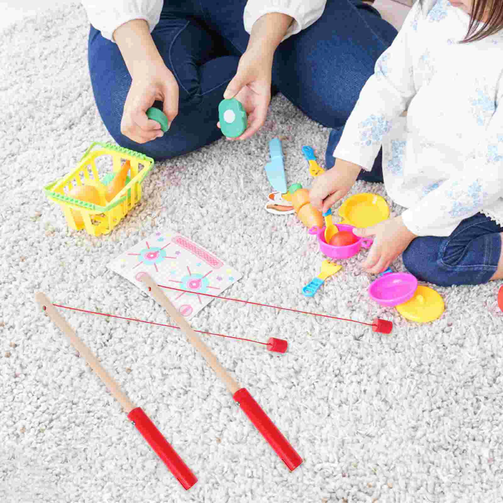 4 Pcs Children's Fishing Rod Tots Toys Wooden Pole Early Educational Kids Cylinder Game