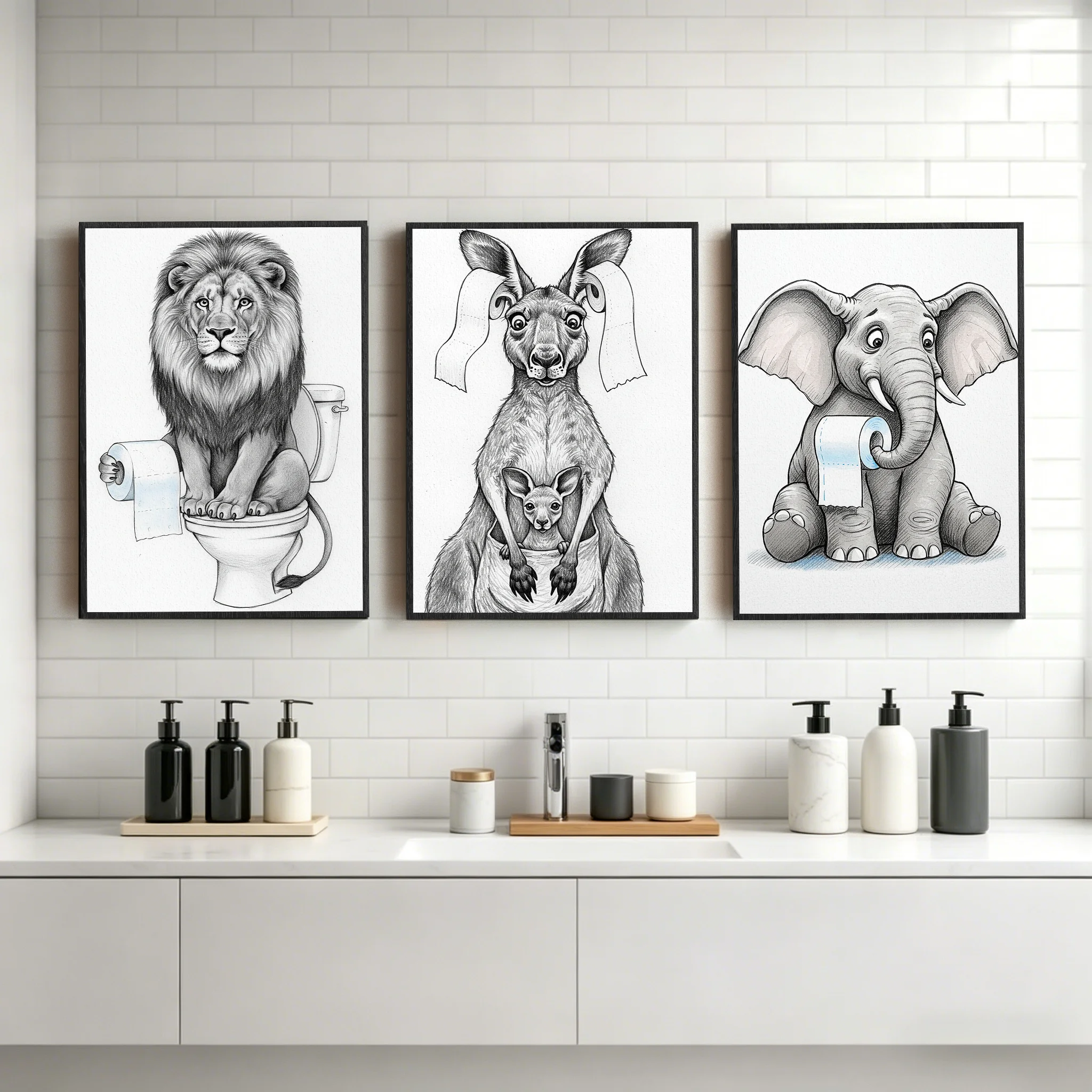

Funny Bathroom Wall Art Black and White Elephant Panda Animal Canvas Painting Nordic Poster Print for Bathroom Wall Decor