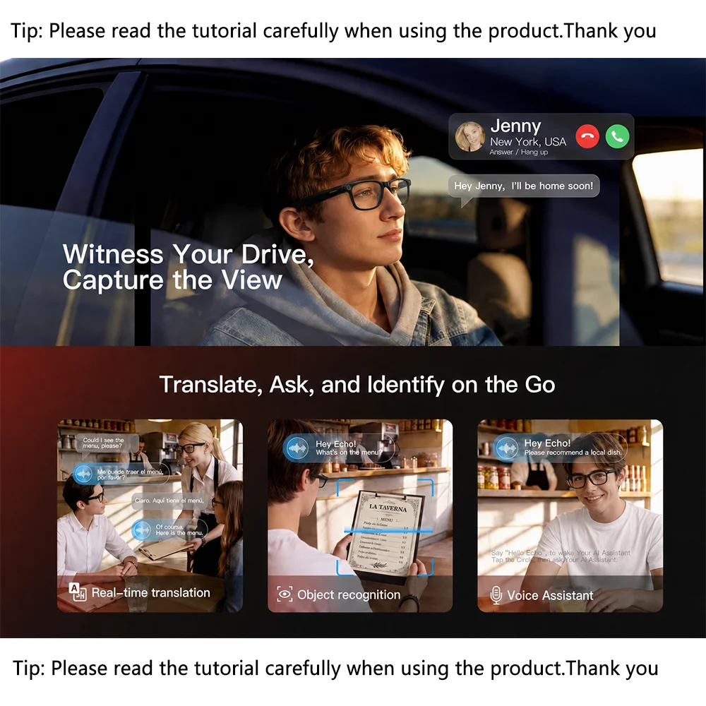 Smart Camera Glasses with 8MPPhoto & Video, AI Translation, Includes Free Dark Sun & Clear Lens Pairs, Light-Adaptive Lenses