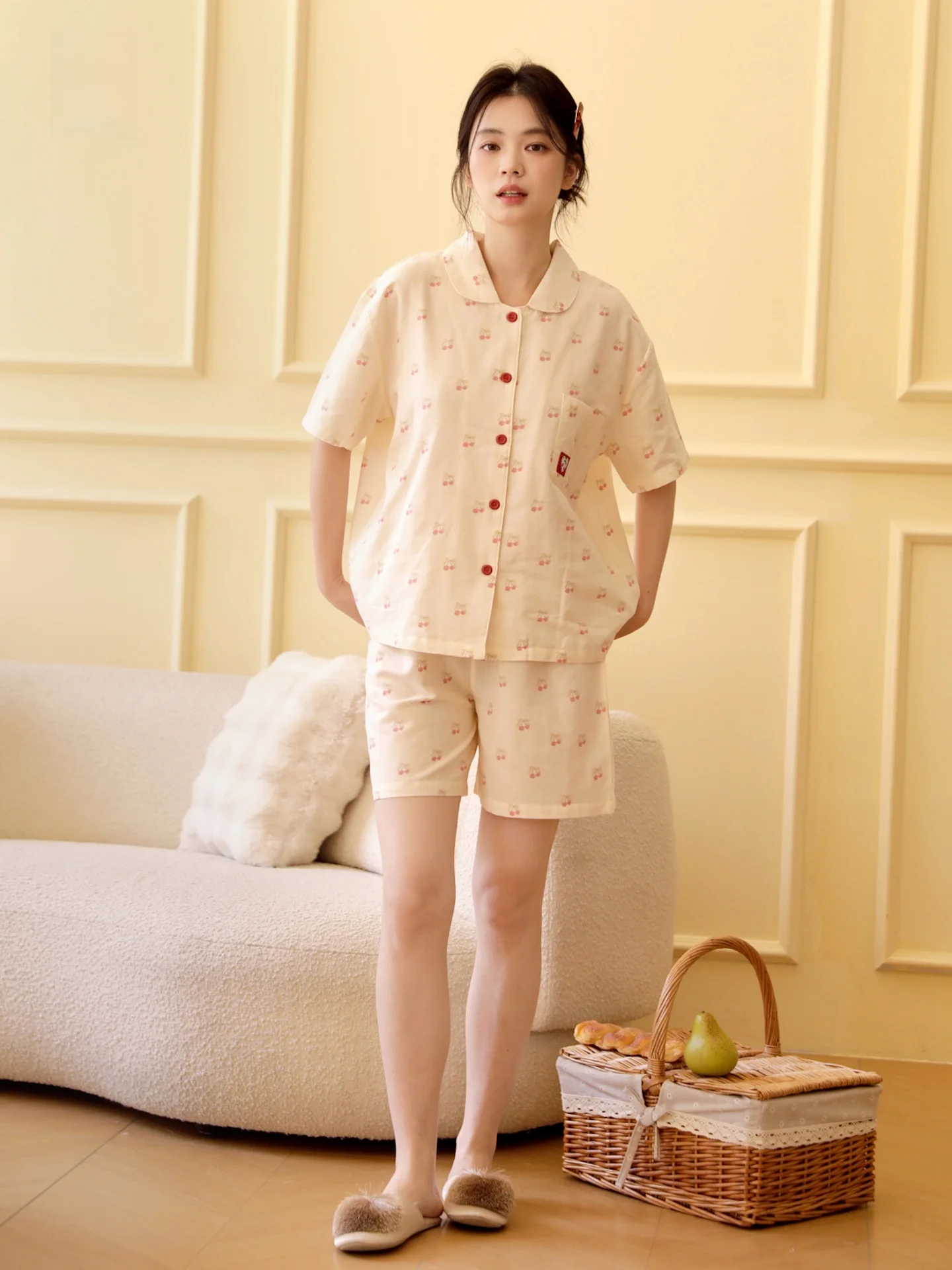 class-a-maternity-cotton-double-layer-muslin-cute-cartoon-cherry-print-loose-comfortable-short-sleeve-shorts-pajamas-sleepwear