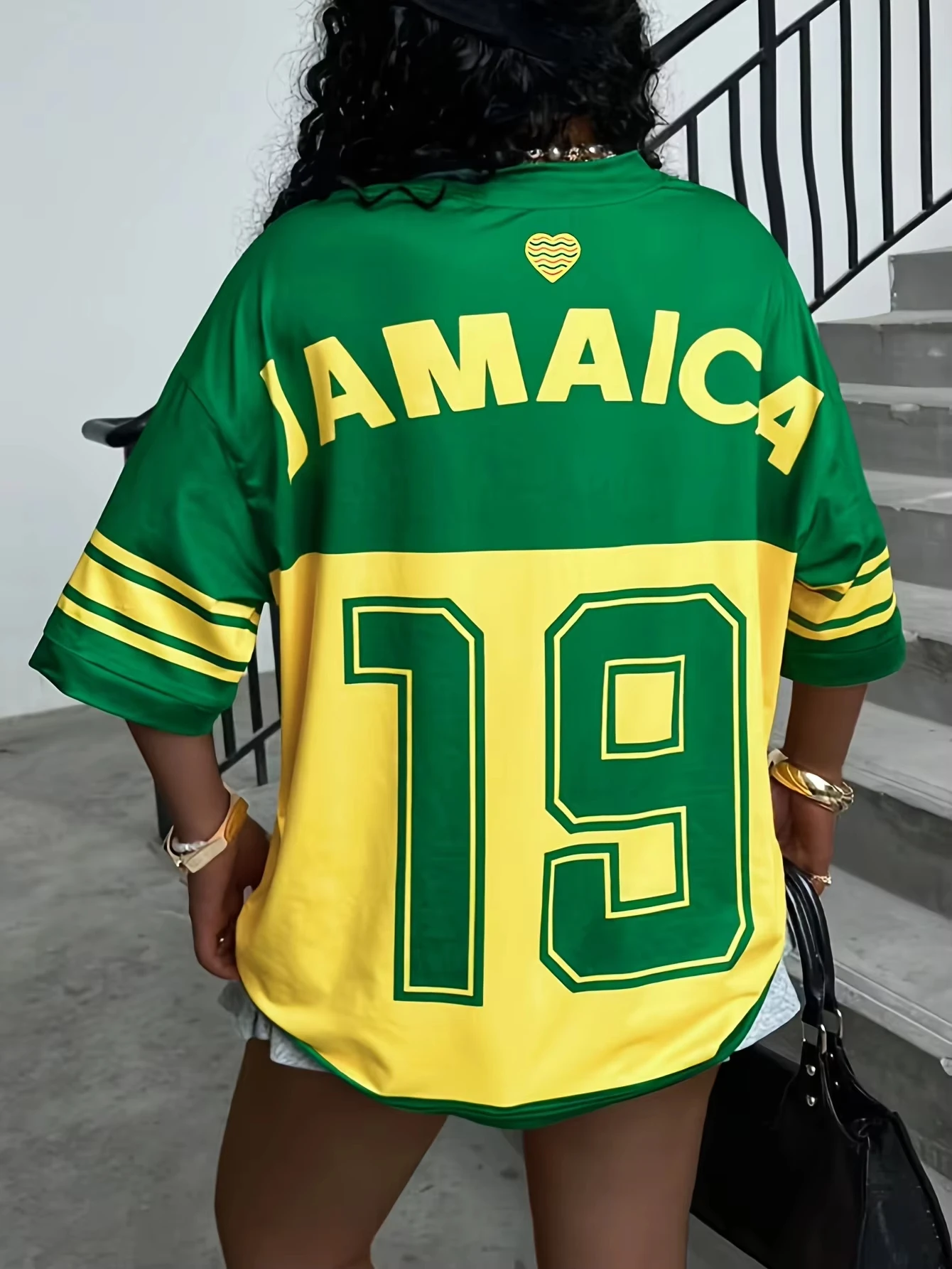 Women Jamaican Style No.19 Jersey V-Neck T-Shirt Yellow and Green Block Combination Sports Top Breathable and Casual Summer Wear view 6