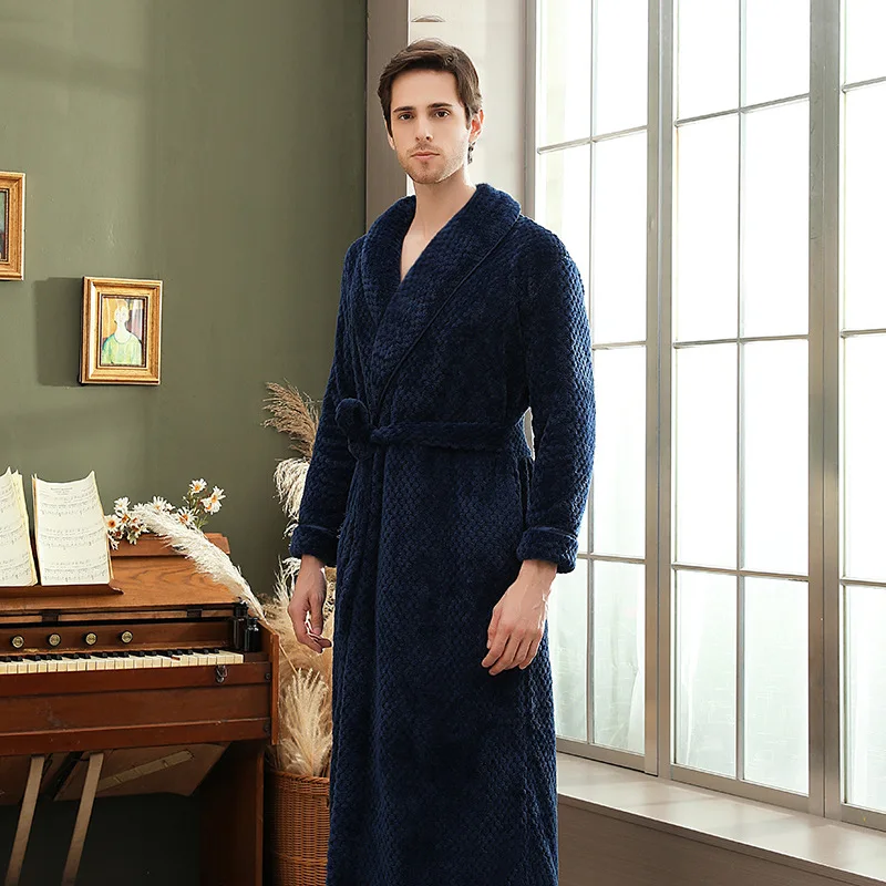 Lovers Winter Thick Warm Flannel Bathrobe Men Extra Long Kimono Bath Robe Women Soft As Silk Dressing Gown for Mens Night Robes