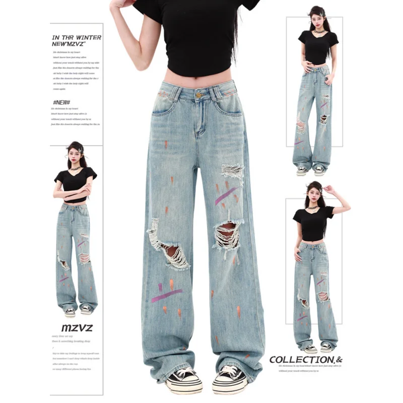 

High Waist Women Pink Jeans Hip-hop Graffiti Vintage Streetwear Y2K Wide Leg Jean Plus Size Female Trouser Baggy Denim Pants