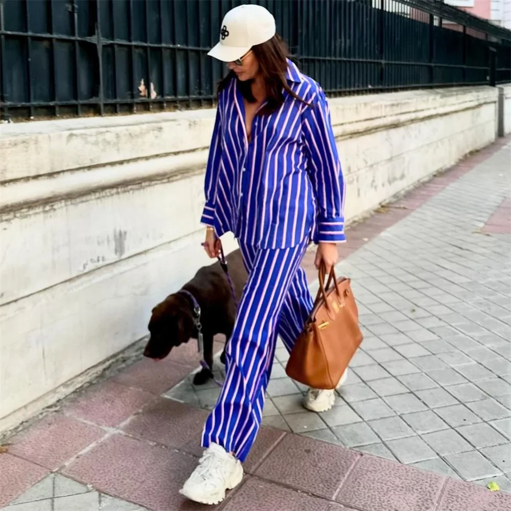 European And American Style 2024 Summer Women\'s New Fashion Casual Long Sleeved Striped Loose Shirt High Waisted Long Pants Set