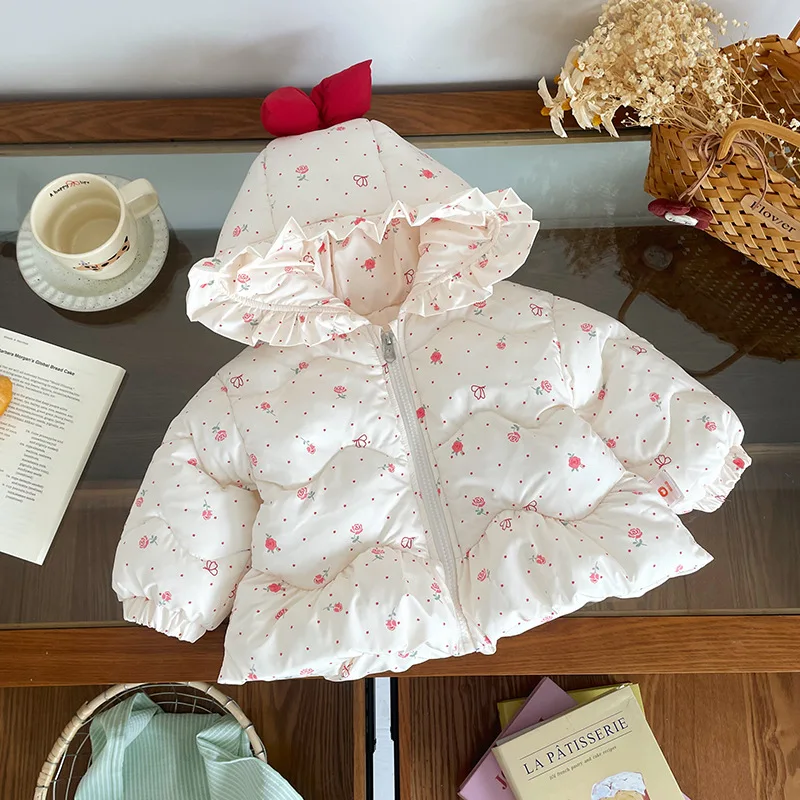 

Sweet Girl Floral Print Cotton Clothes Winter New Kids Lace Bow Hooded Warm Jackets Korean Children Thickened Parka