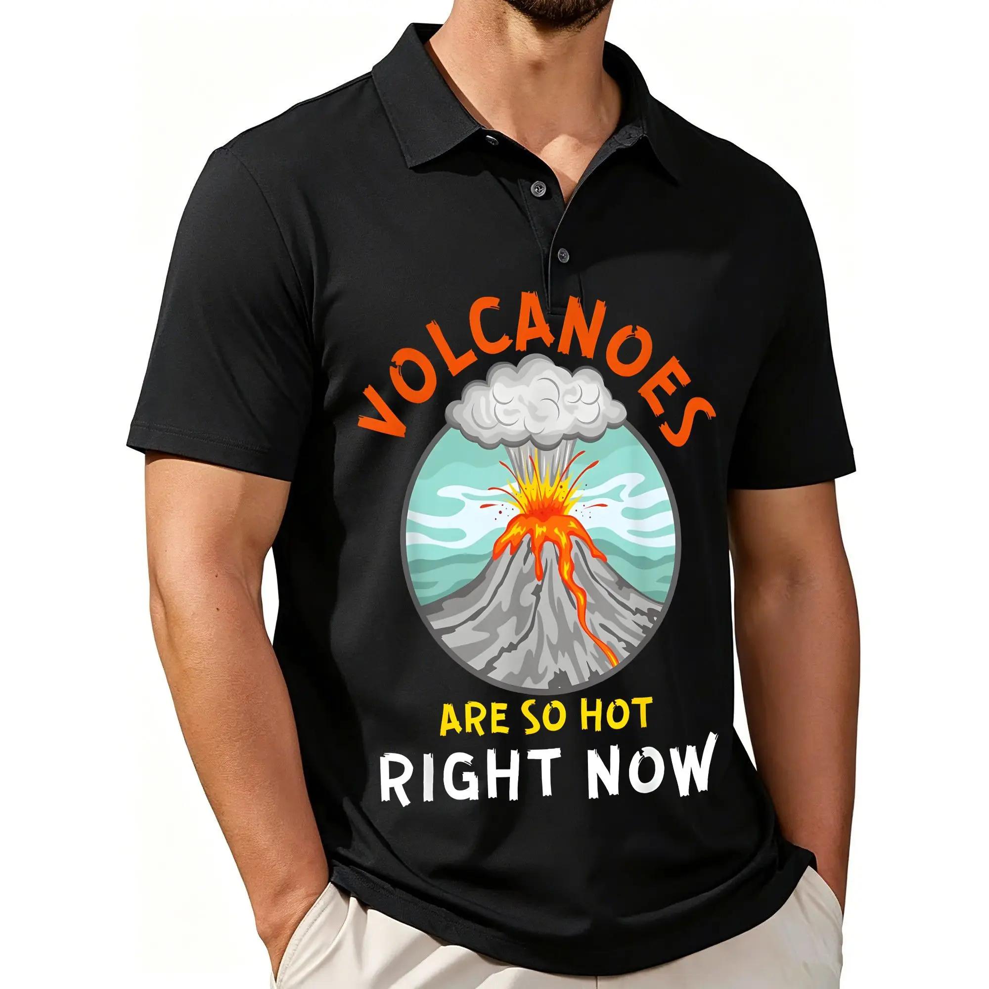 Men's Printed Short-Sleeved Polo Shirt with Volcanic Lava Eruption Pattern, Stylish and Casual Fit, Breathable Fabric, Suitable for All Seasons.