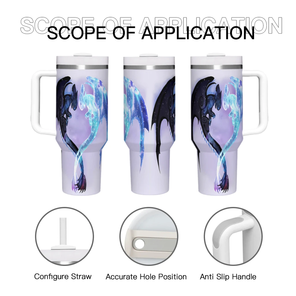 Car Travel Mugs Dragon Heart Toothless and Light Fury Stainless Steel 304 Tumbler Water Bottle 40oz/1200ml