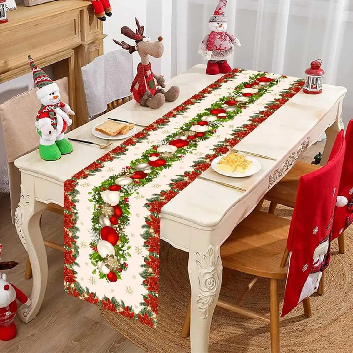 Christmas Poinsettia Table Runner Dresser Scarves Kitchen Art Dining Farmhouse Table Runners Washable Non-Slip Rectangle Table