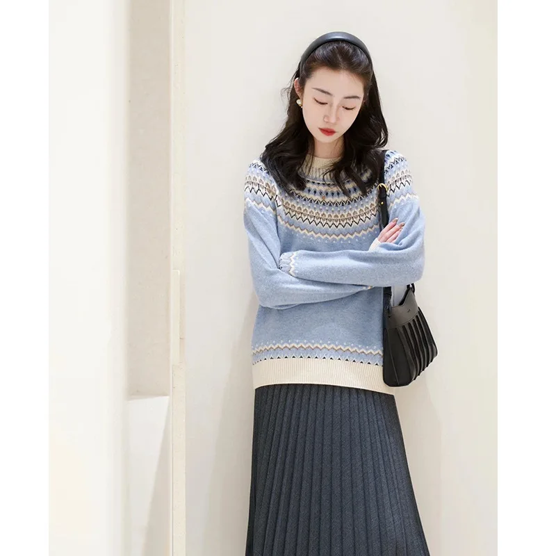 Autumn and Winter New Vintage Fairisland Jacquard Loose Crewneck Wool Blend Sweater Top