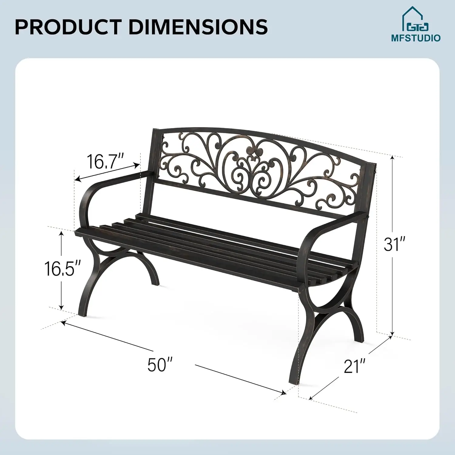 Outdoor Garden, Patio, Park Use, Cast Iron Metal, Bronze, Floral Pattern Backrest and Arch Legs
