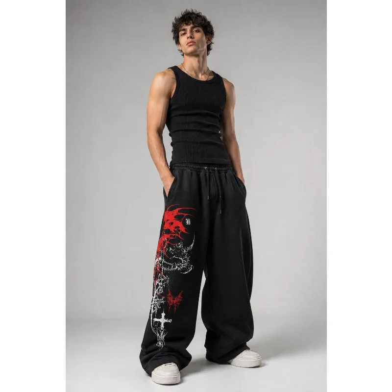 Gothic Horde Totem Wide Leg Sports Pants for WomenY2K Dark Street Style Loose Straight Running Pants Harikurus Punk Casual Pants