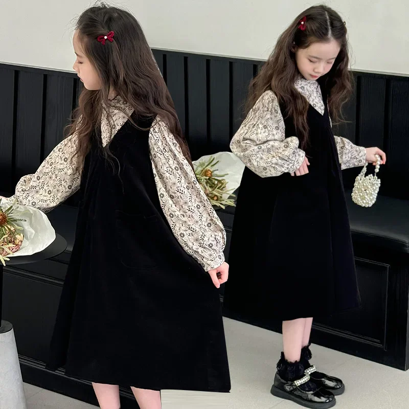 Girls' Corduroy Floral Dress Set 2024 Autumn Long Sleeve Shirt Strap Skirt Two Piece Set Trendy