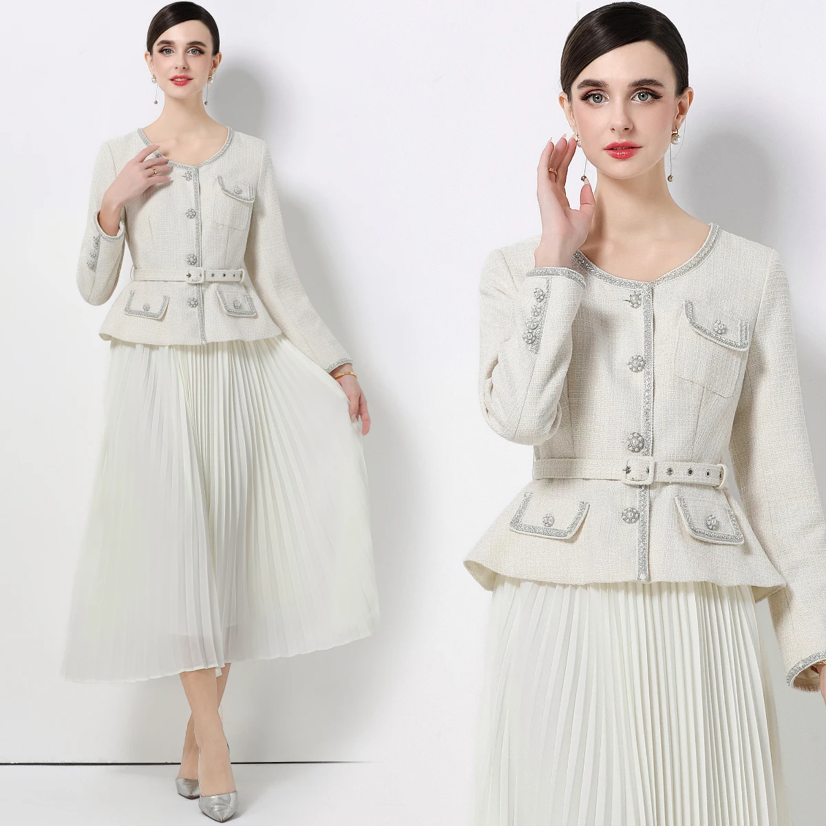 

Элегантное роскошное длинное шифоновое твидовое платье-имитация двойки для женщин, осеннее, с поясом, кристаллами, длинными рукавами, для вечерних мероприятий и офиса