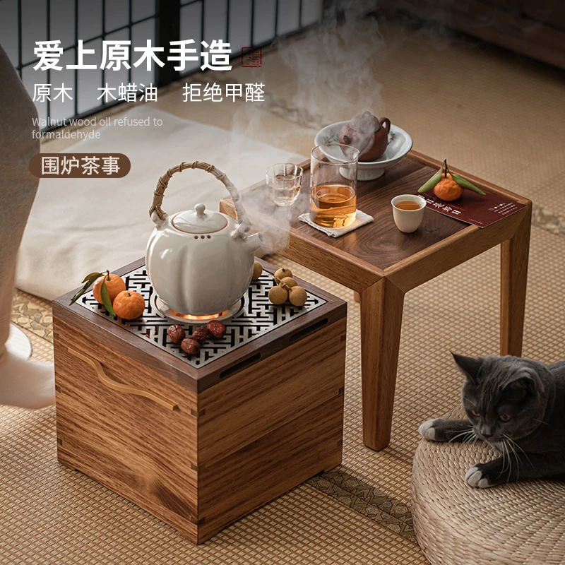 

Stove Tea Boiling Bowl Walnut Charcoal Stove Small Table New Chinese Household Solid Wood Multi-Functional Small Tea Table