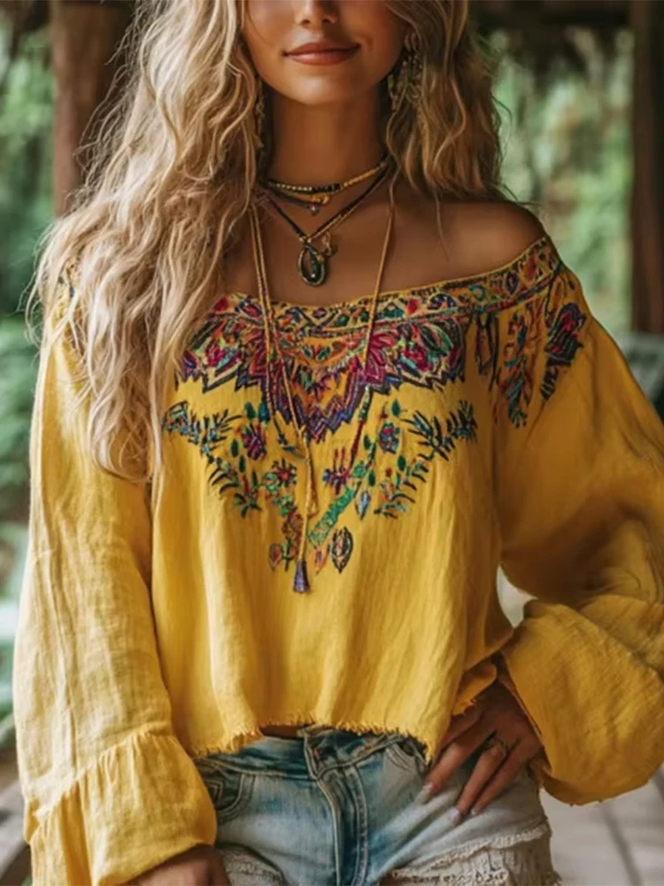 Chic Bohemian Off Shoulder Yellow Blouse with Colorful Embroidery Flowy Lantern Sleeves Shirts for Summer Casual Tops 2025