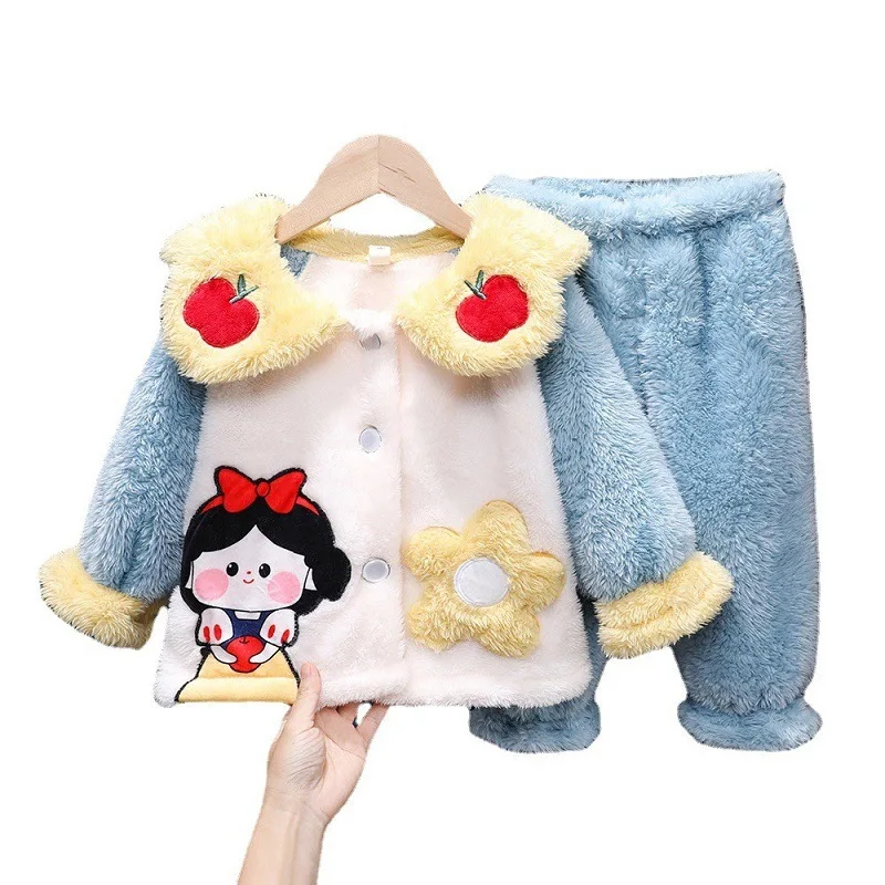 2024 Autumn Winter Kids Girls 2PCS Sleepwear Set Coral Velvet Cartoon Long Sleeve Coat Pants Sleepsuit Children Girls Pajamas