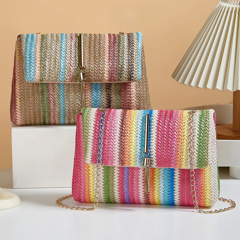 

NEW Rainbow Stripe Straw Crossbody Bag for Women Adjustable Shoulder Strap Magnetic Closure Tassel Accent, Fashion Square Purse