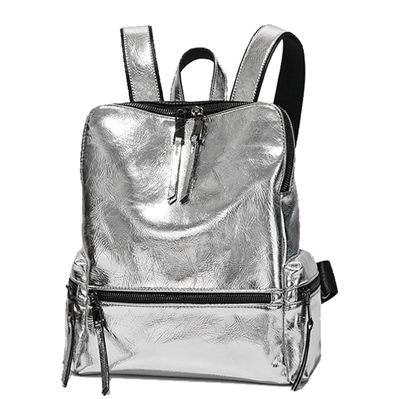 Fashionable Women\'s Silver Backpack - Ideal School Bag for Teens with PU Leather Material