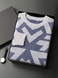 New Chic Men's 100% Cashmere Sweater O-neck Jacquard Long Sleeve Pullover Autumn Winter Thick Cashmere Knitwear Smart Casual Top