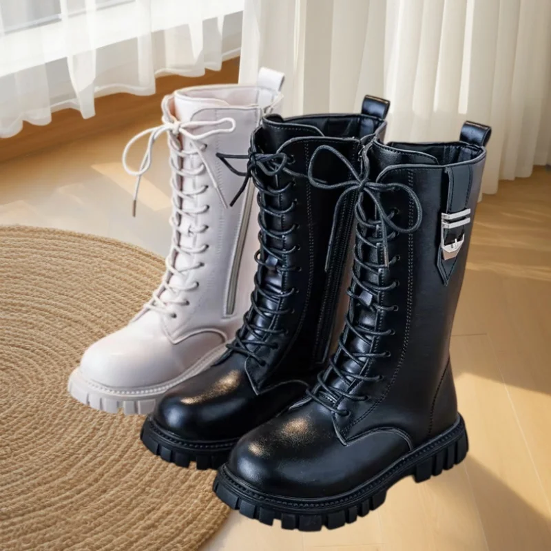 Elegant Zipper Baby Girl Casual Fashion Boots Autumn/winter Round Toe Warm Thick Sole Lace Comfortable Children's Midsole Boots
