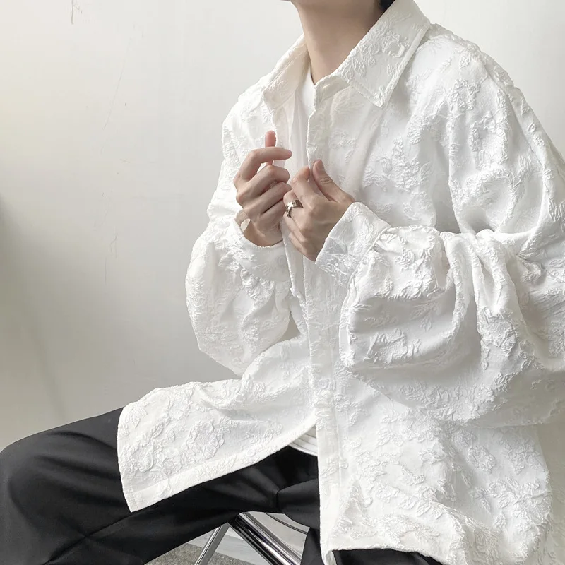 

Men's Embossed Long Sleeve Tailored Collar Shirt Spring Casual Loose Fit Unisex Lightweight Jacket Fashion Streetwear