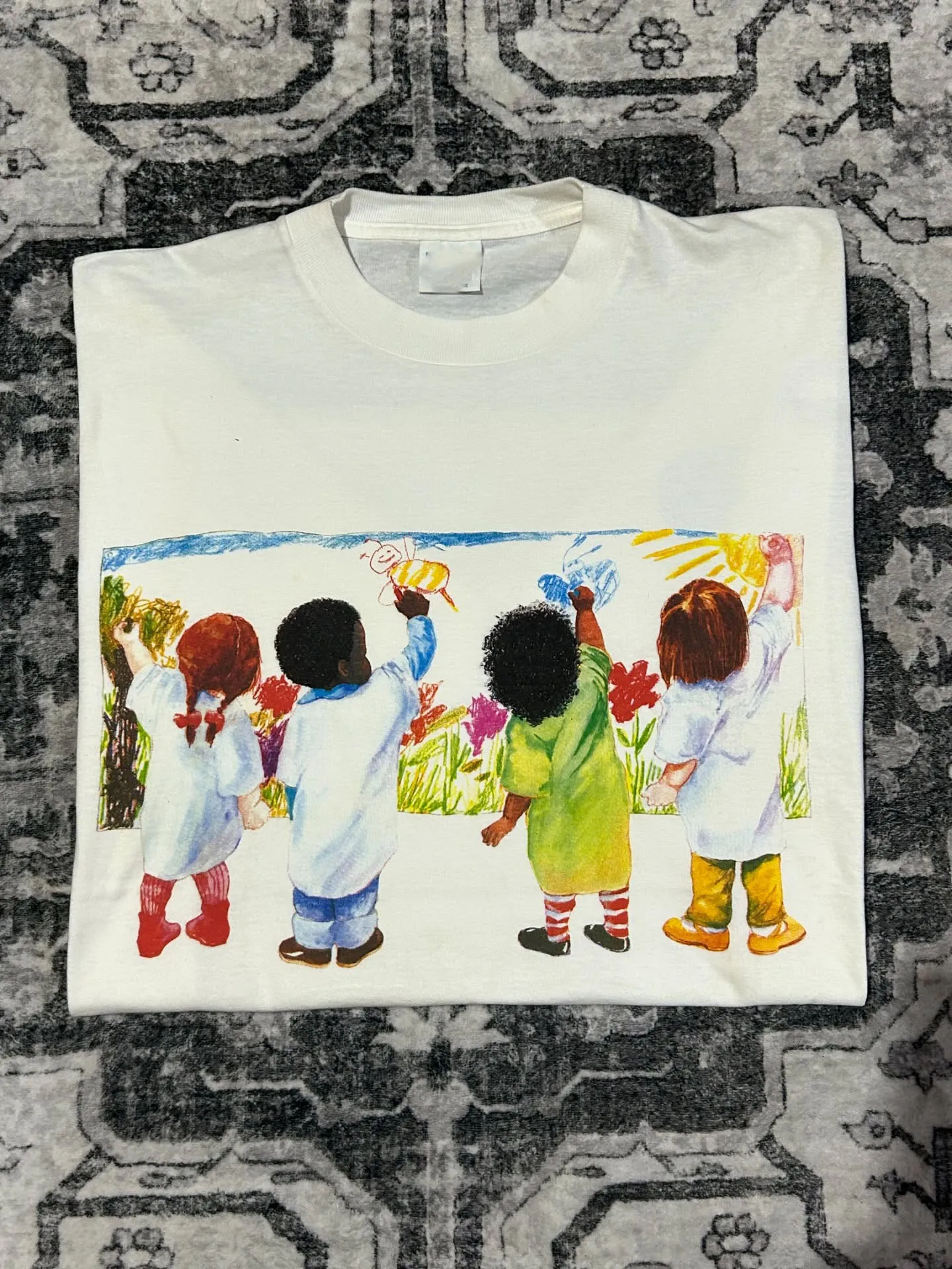 Healing Hand-Drawn Oversize Short-Sleeve T-Shirt Background Art Theme Unisex Cotton round Neck T-Shirt for Children