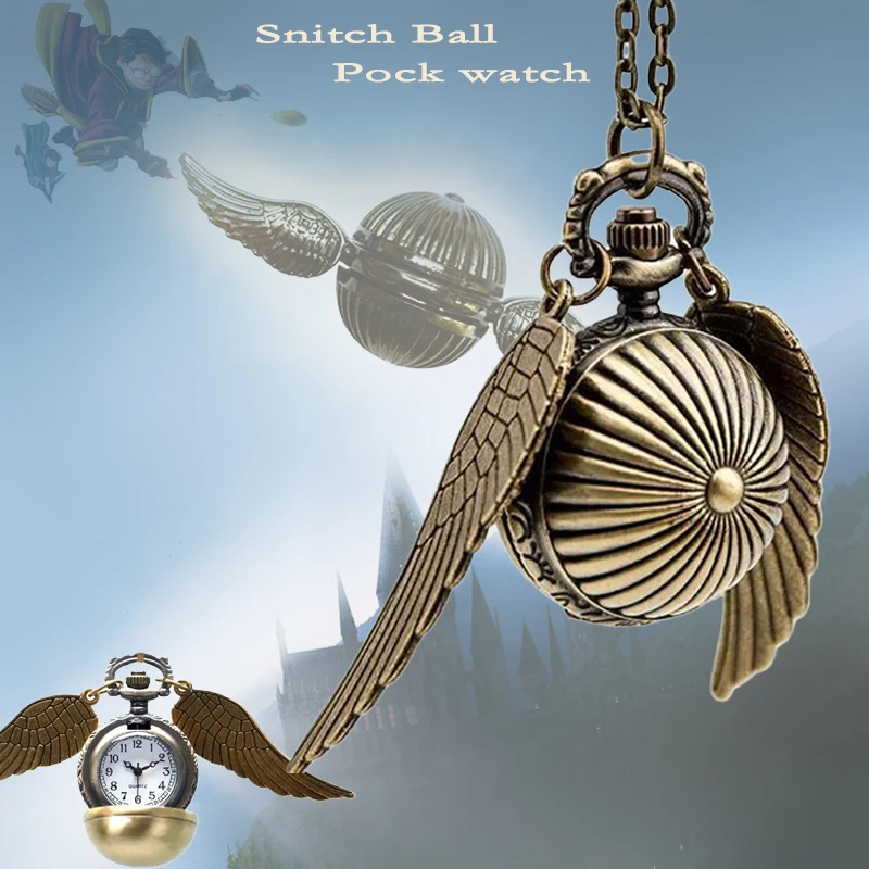 

Hogwarts School Quidditch Ball Pocket Watch Wings Retro Flip Quartz Watch Snitch Pocket Watch Easter Christmase Necklace Gifts