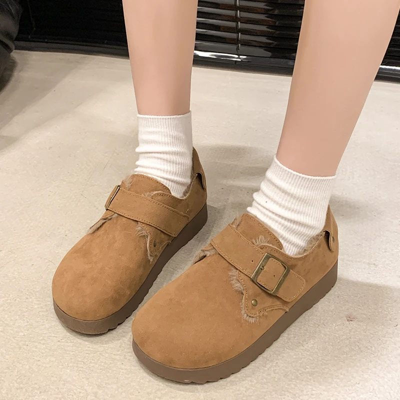 Sepatu Moccasin Slip-on musim gugur sepatu loafer bulu lembut sepatu wanita Moccasin Slip pada musim gugur musim dingin gaun baru sepatu datar lunak wanita Fla