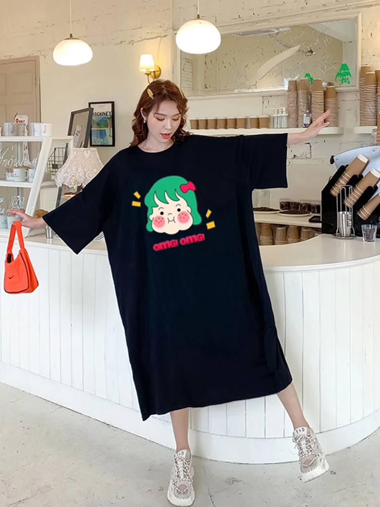 캐주얼 코튼 여름 드레스 여성의 느슨한 티셔츠 스타일 홈웨어 긴 무릎 길이 게으른 소녀 드레스 편안한 플러스 사이즈