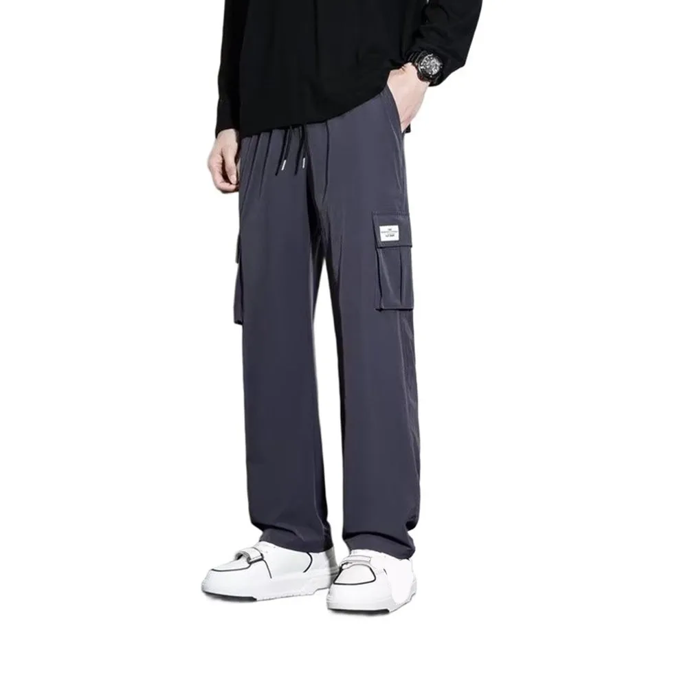Men\'s Functional Loose Cargo Pants Elastic Waist Drawstring Multiple Pockets Straight Leg Full Length Trousers