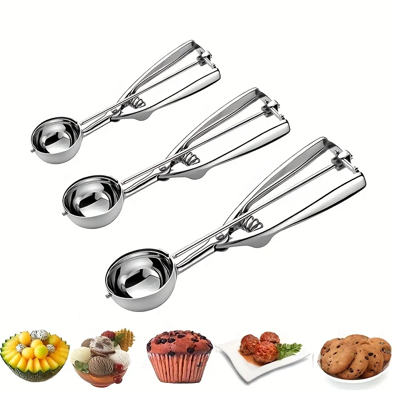 3pcs Ice Cream Scoop Stainless Steel Fruit Ice Cream Mold Scooper Siliver,  Spring Handle Home Kitchen Accessories Gadgets