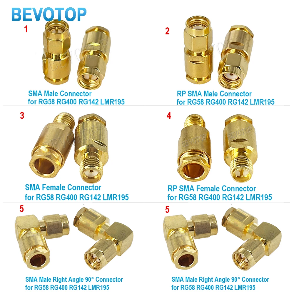 2PCS Connector SMA Male plug Clamp Solder for LMR195 RG58 RG142 RG223 RG400 Cable Coax Brass GOLD Plated Straight RF Adapters