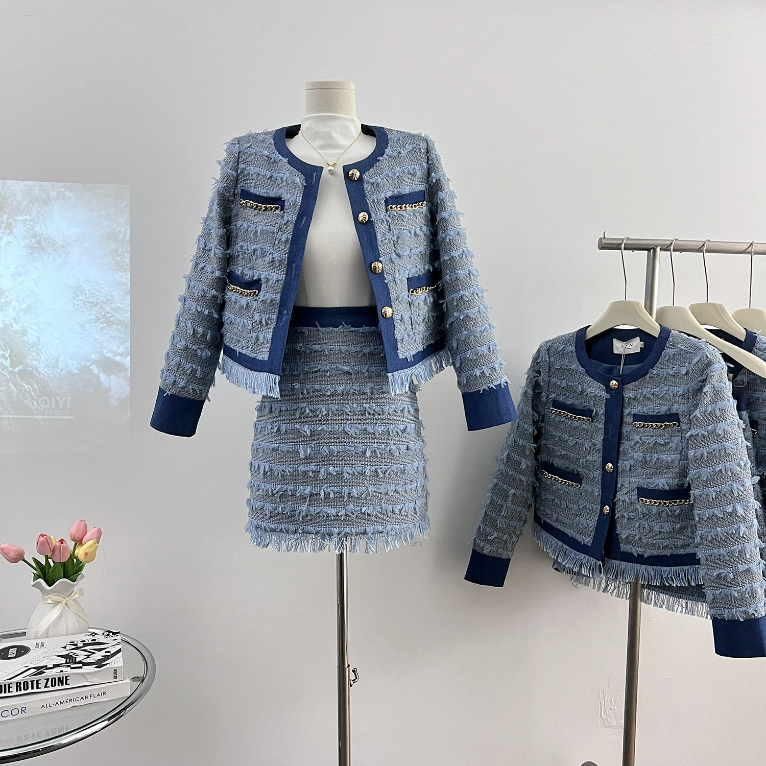 Primavera autunno nuova gonna vestito donna elegante Patchwork coreano moda piccolo cappotto + minigonne Casual Office Lady Set 2 pezzi