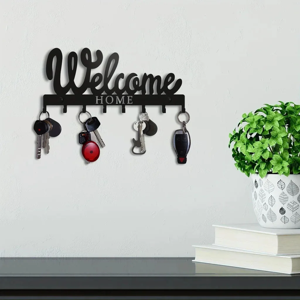 Crafts 1pc Key Holder For Wall, Black Metal Keys Holder, Wall Mounted WELCOME Design Style Key Rack for Key Hanger With 8 Hooks