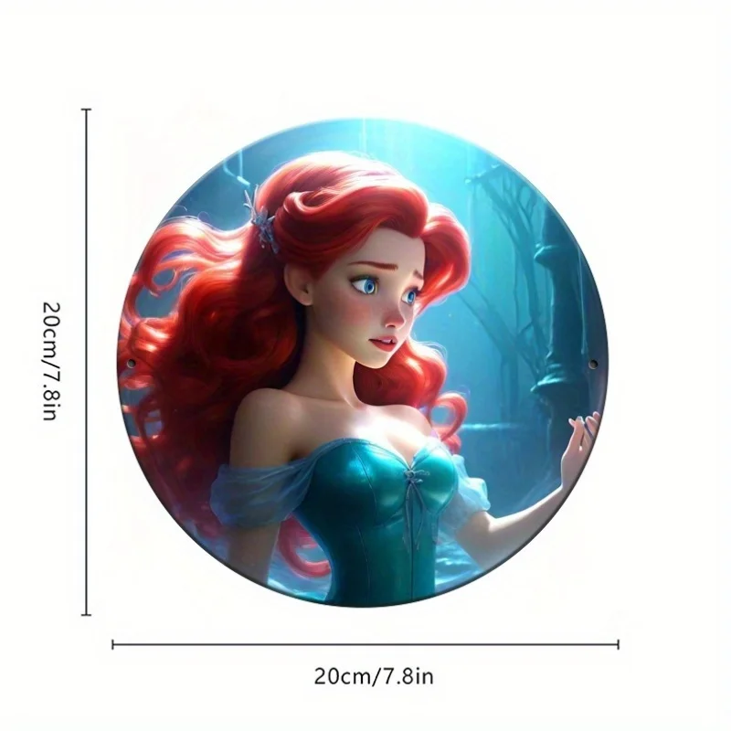1 قطعة ديزني ارييل الأميرة خمر نمط 20.32x20.32 سم جولة الحديد جدار شنقا علامة الزخرفية ، ديكور مكتب متعدد الأغراض ، مثالية
