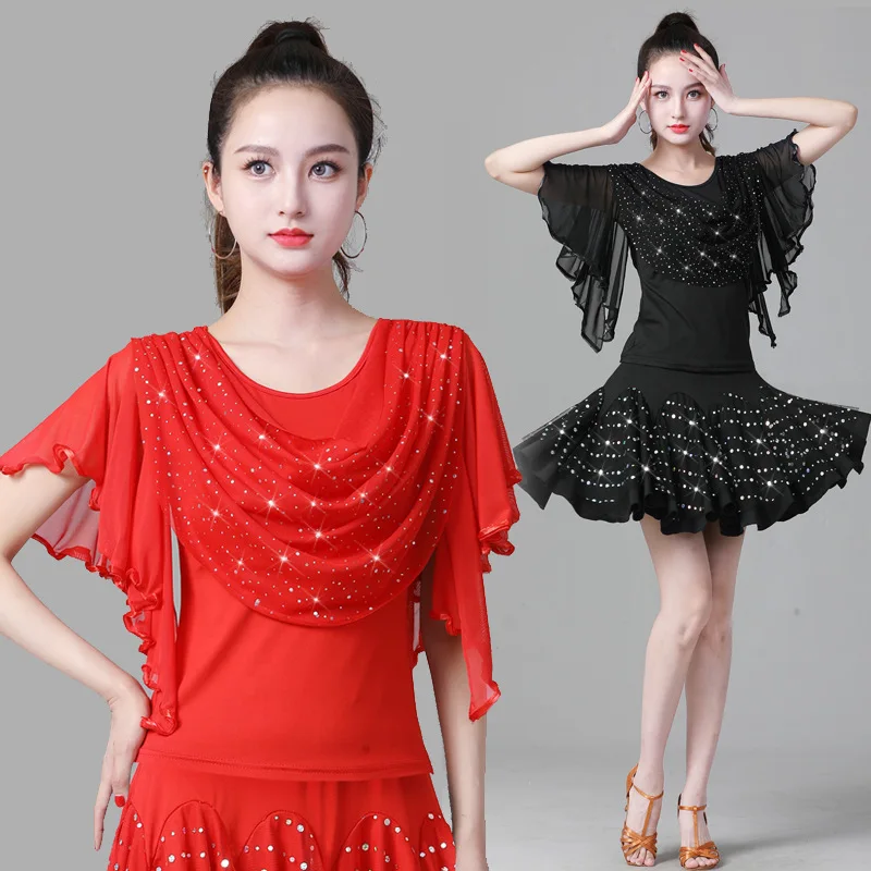 New Arrivals Women's Trumpet Sleeved Latin Dance Shirt Girl's Modern Dance Sequin Performance Costume Ballroom Dancing Tops