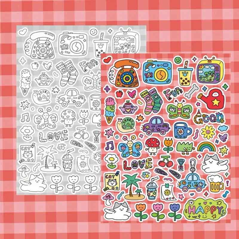 Doodle comics black white cartoon hand tent material stickers cute mini cat