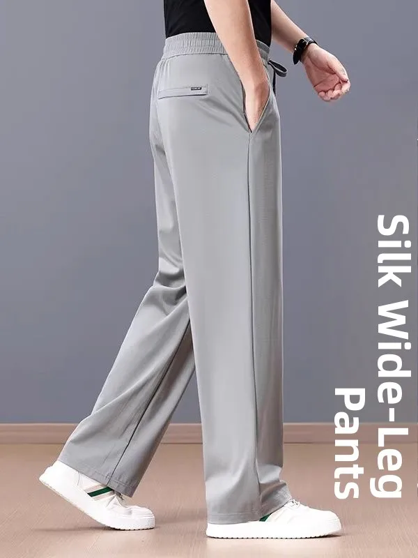 

High-End Silk Wide Leg Casual Pants Summer Thin Loose Straight Sport Trousers Ice Silk Pants for Middle-Aged Men