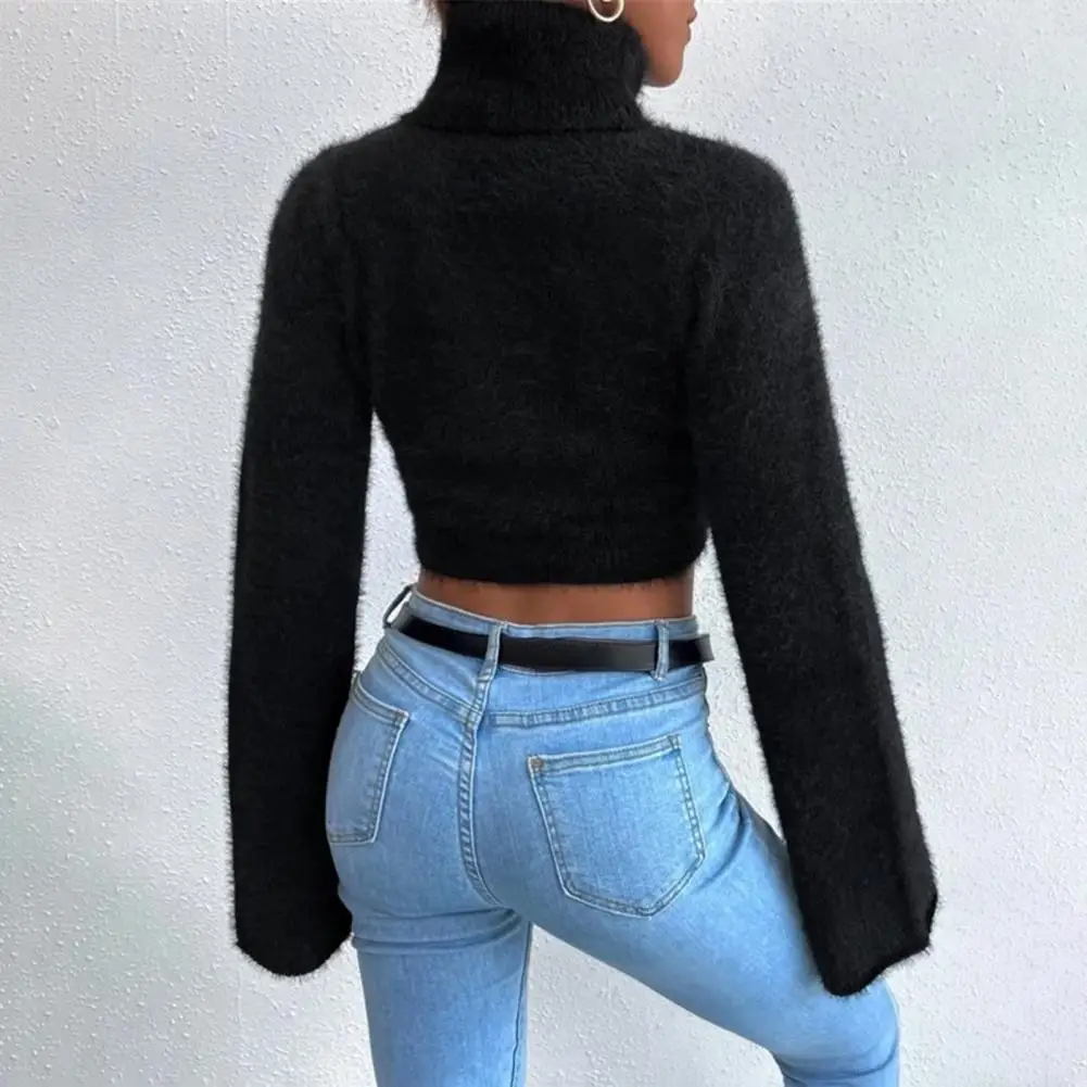 

Commuter Style Sweater Stylish Women's High Collar Cropped Sweater with Flared Long Sleeves Solid Color Slim Fit for Casual