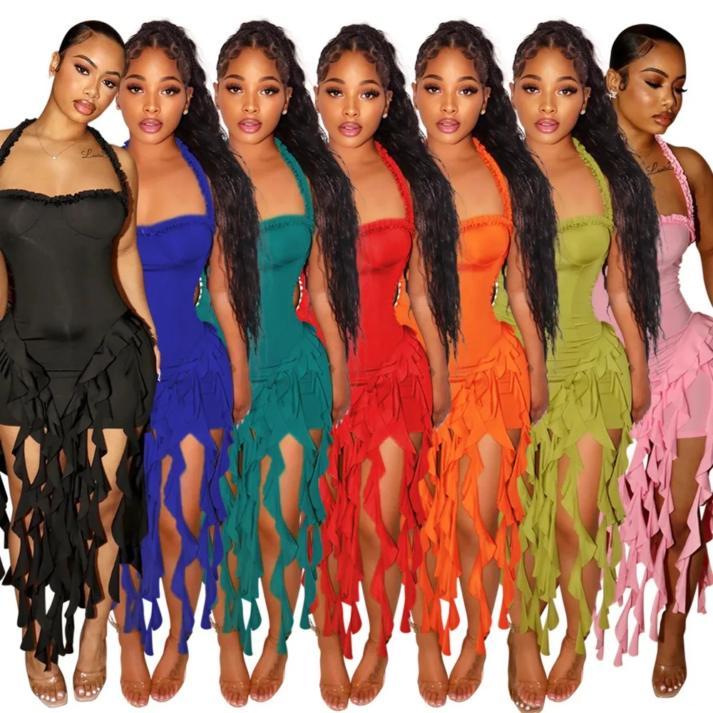 

Sexy Nightclub Party Dance Gathering Club Banquet Solid-Colour Fringe Halter Neck Bodycon Dress Evening Gown
