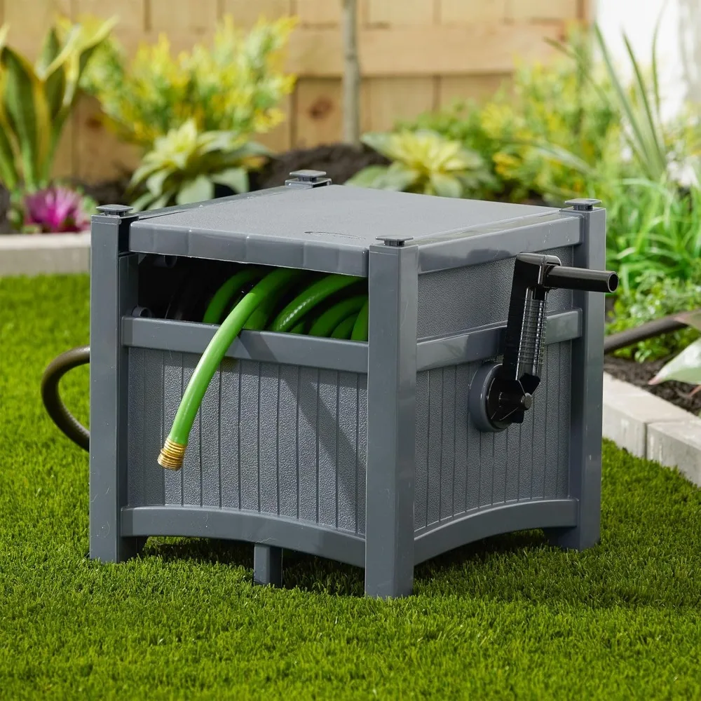 Garden Hose Hideaway Storage Reel Box, Cyberspace Grey – Resin Outdoor Container, Holds up to 100 Feet of 5/8 Inch Standard