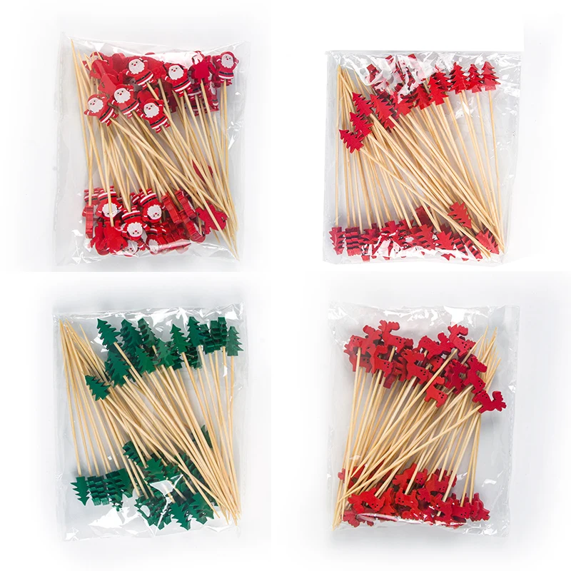 50pcs Santa Claus Snowflake Xmas Tree Elk Fruit Food Sticks Cocktail Toothpick Christmas Cupcake Topper Christmas Party Decor