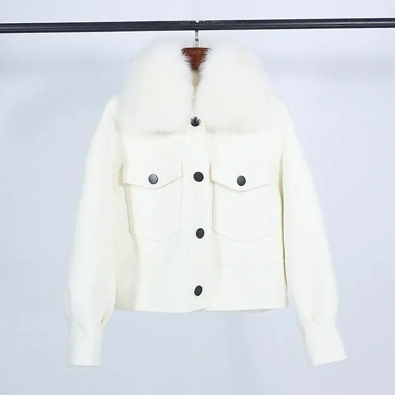 2024 New Autumn and Winter Fox Fur Collar 10% Cashmere 90% Wool Double-sided Wool Coat Women's Short Casual Loose Wool Coat