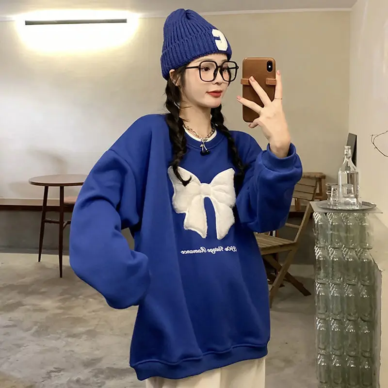 

Klein Blue Bow Sweatshirt 2024 Autumn Winter New Thickened Loose Niche Long-Sleeved Pullover Design Top