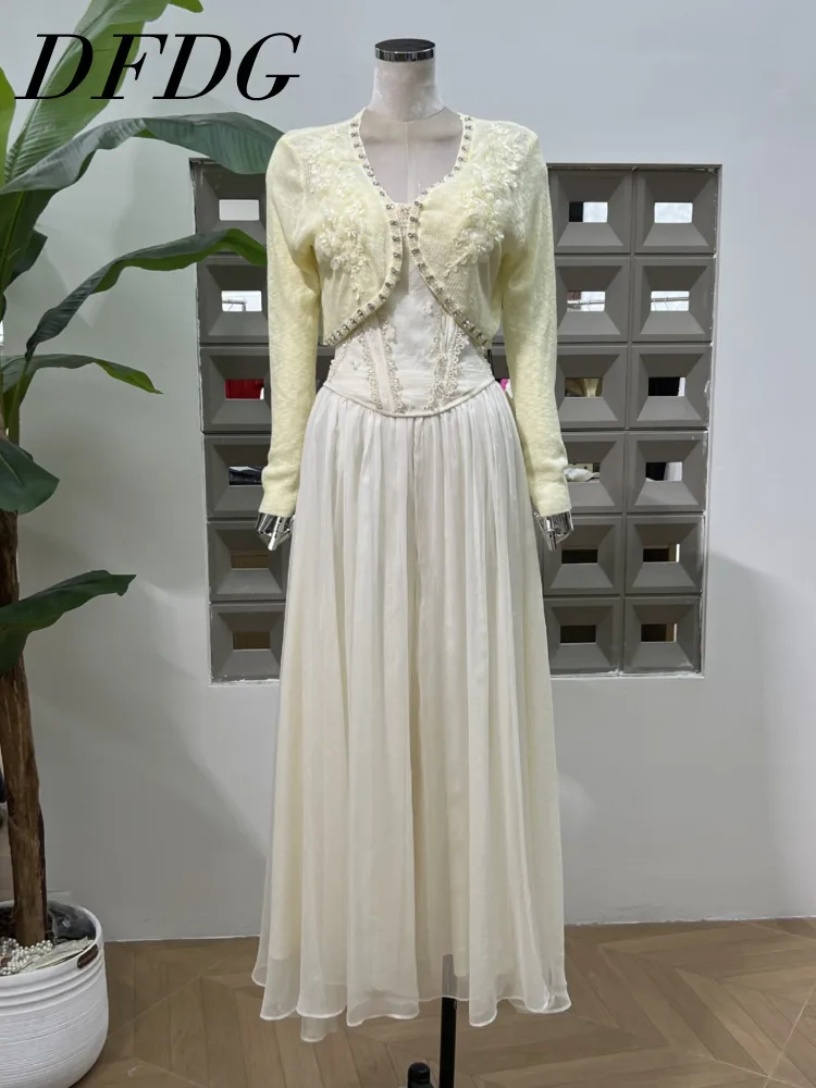 

DFDG Women’s Boned Slim Vest Pearl Cardigan Palazzo Set Casual Minimalist Knit Co-ord Outfit Spring Summer 2025 Womens Dresses