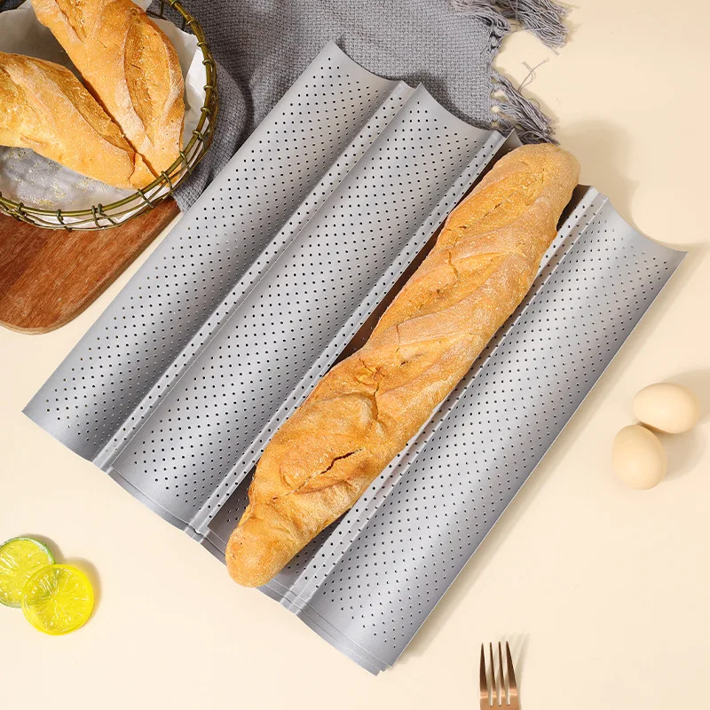 1 STÜCK Antihaft-Perforierte Backform für französisches Brot, Baguette-Pfanne aus Kohlenstoffstahl, französisches Brot, 4 Wellen, Laib-Backform, Küchenablage