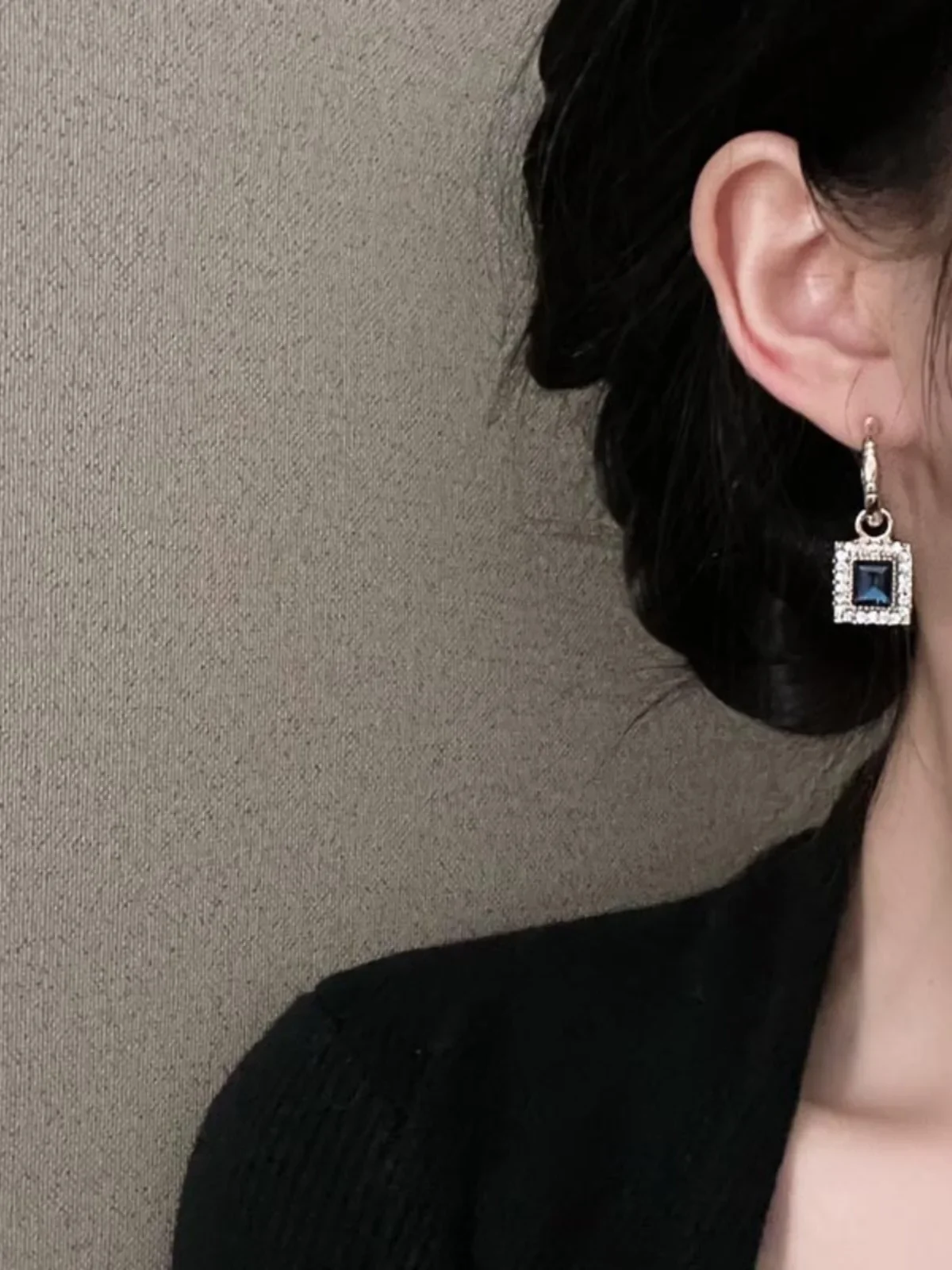 Dark blue retro square diamond earrings summer earrings high-end