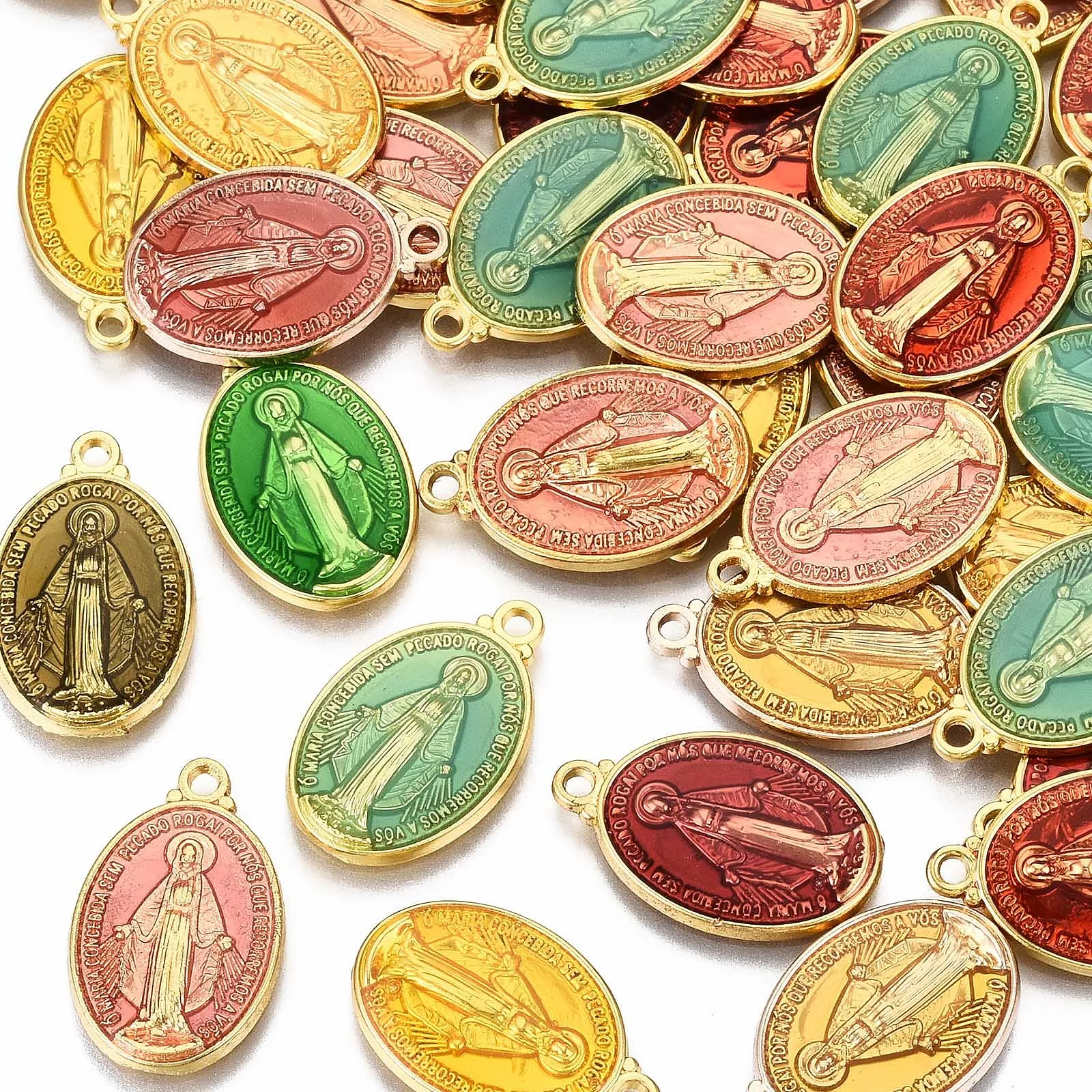 10pcs Religion Oval with Saint Brass Enamel Pendants Charm Long-Lasting Plated Mixed Color for Necklace diy Findings 19.5x12x2mm