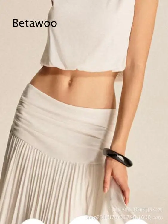 Women Solid Color Pleated Midi Skirt Elastic Waist Flowy Long Bottoms Elegant Casual Dressy Skirt For Daily Dating And Multiple